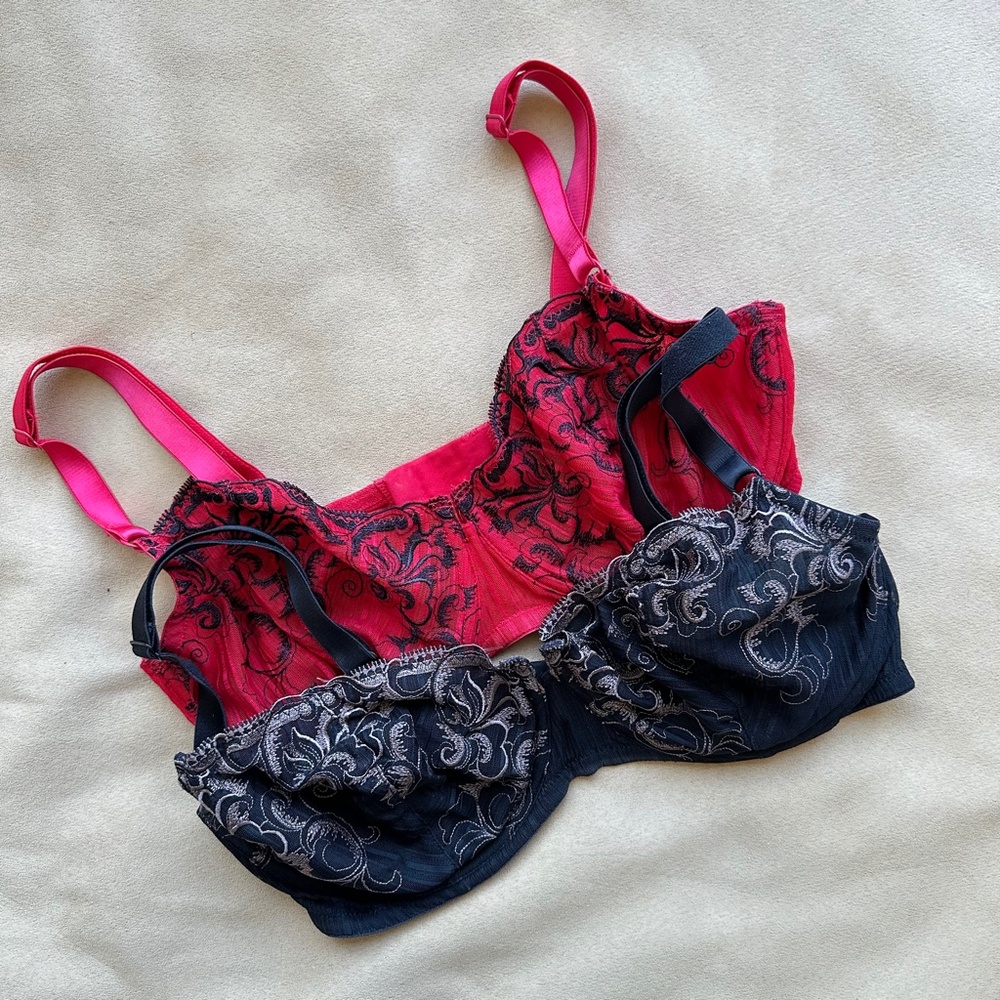 PARAMOUR Set of 2 Semi Sheer Demi Cup Lace Red Black Bras 34DD
